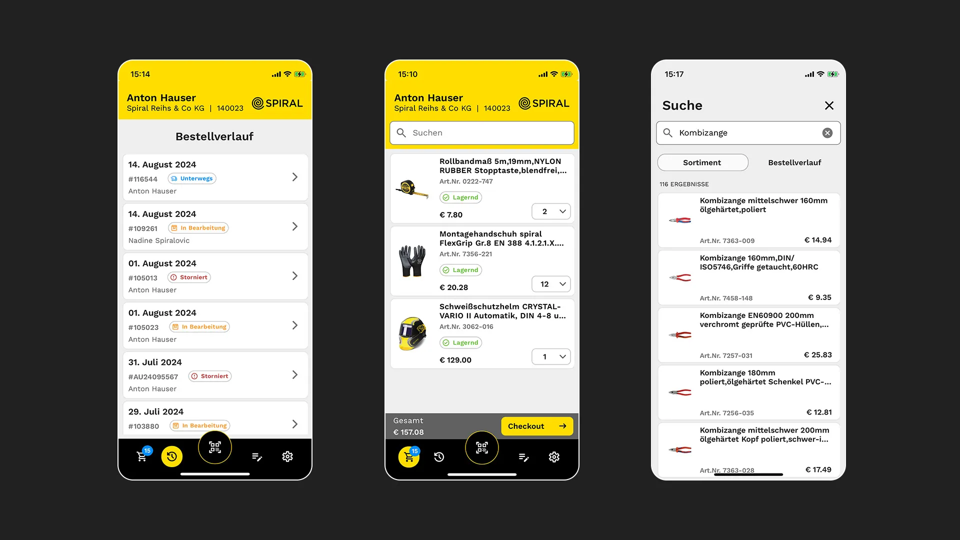 three screenshots of the easy order app
