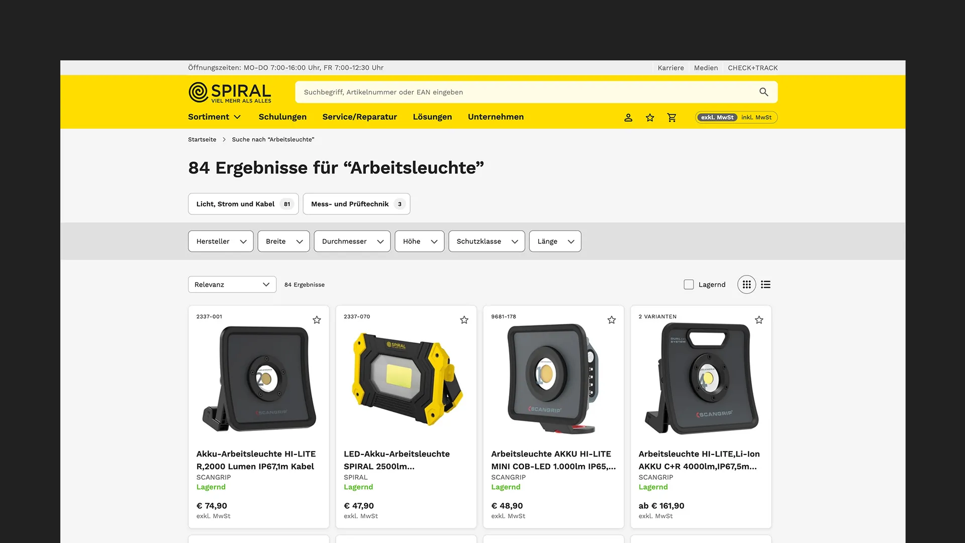 spiral website search screen
